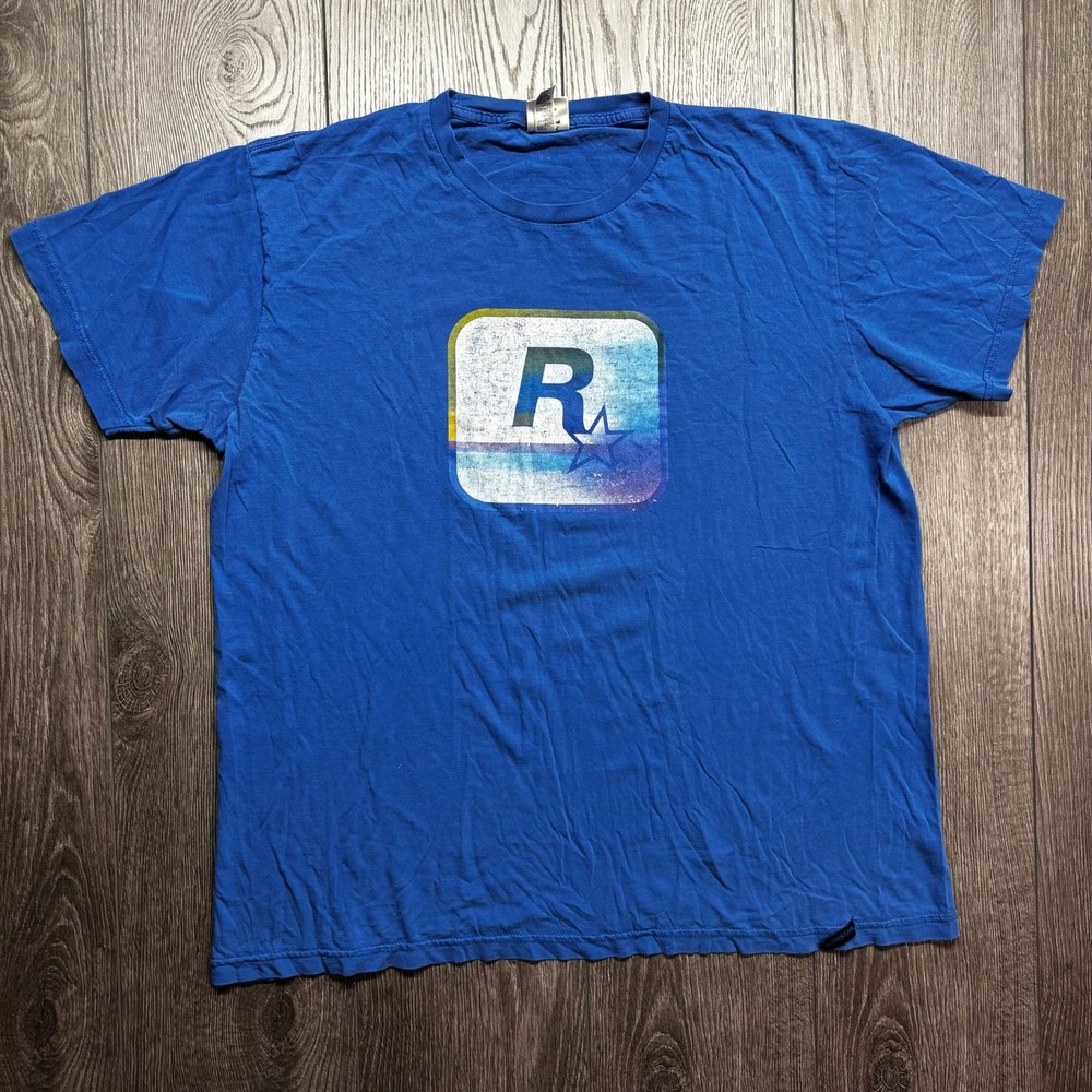 Rockstar Games T-Shirt Mens XL Blue Graphic Logo Short Sleeve GTA RDR Promo Tee